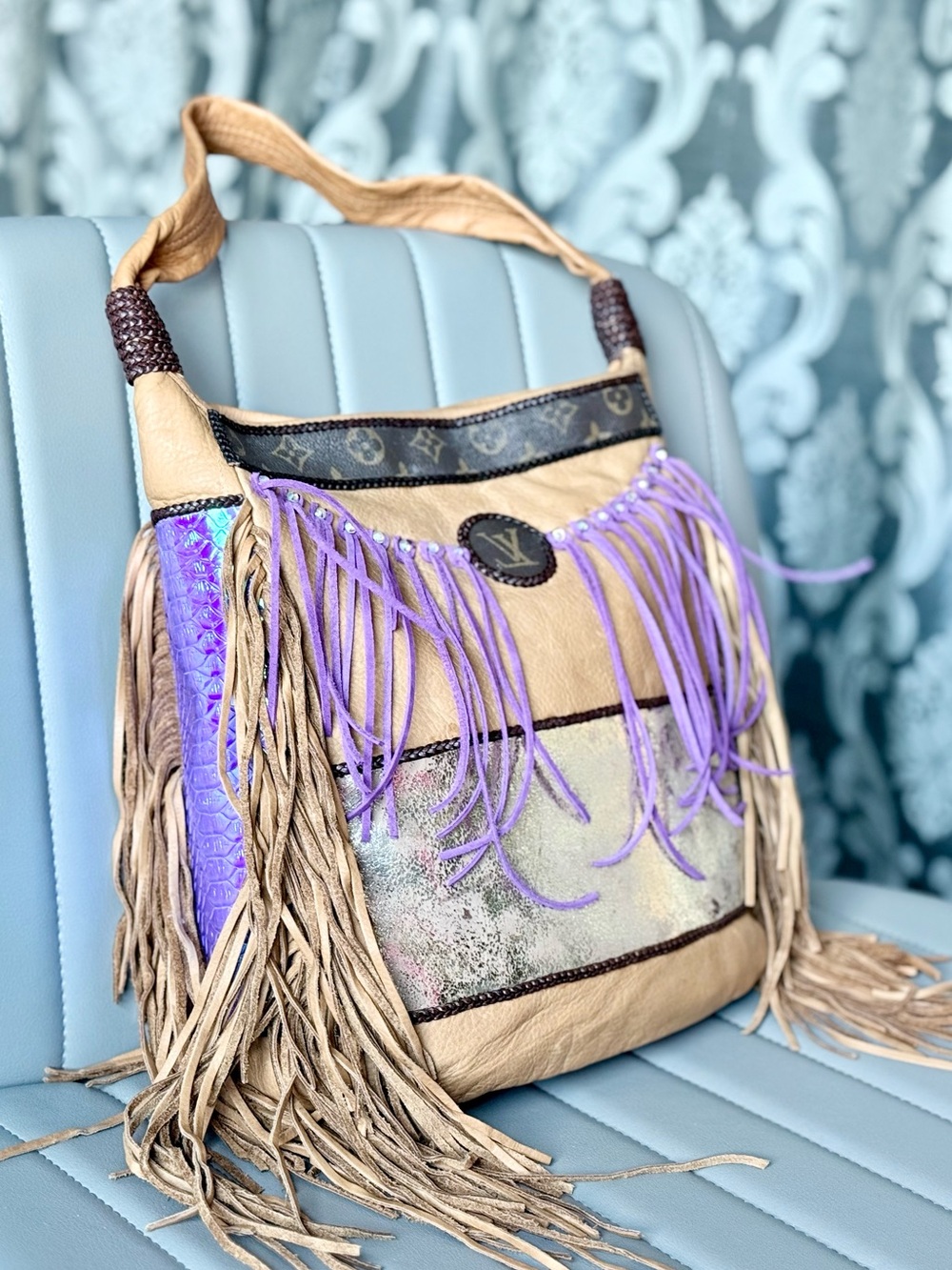 Upcycled LV Boho Fringe Western Chic Leather Tote Bag